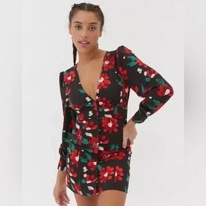 Urban Outfitters Michelle Plunging Floral Long Sleeve Mini Dress